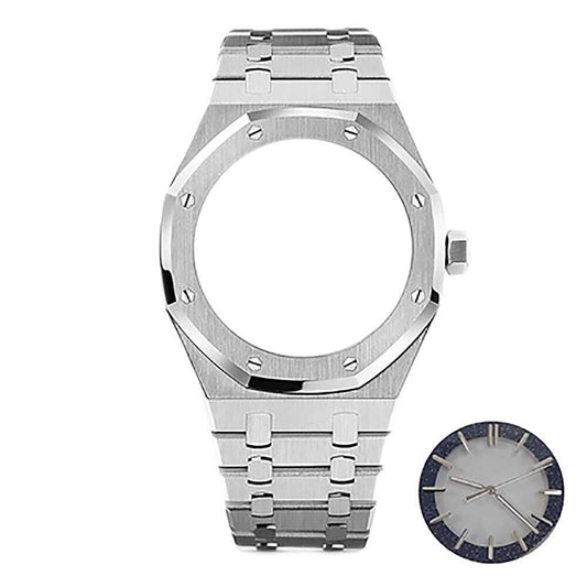 41MM NH70 watch case with black strap, silver dial, and luminous watch hands for custom builds.