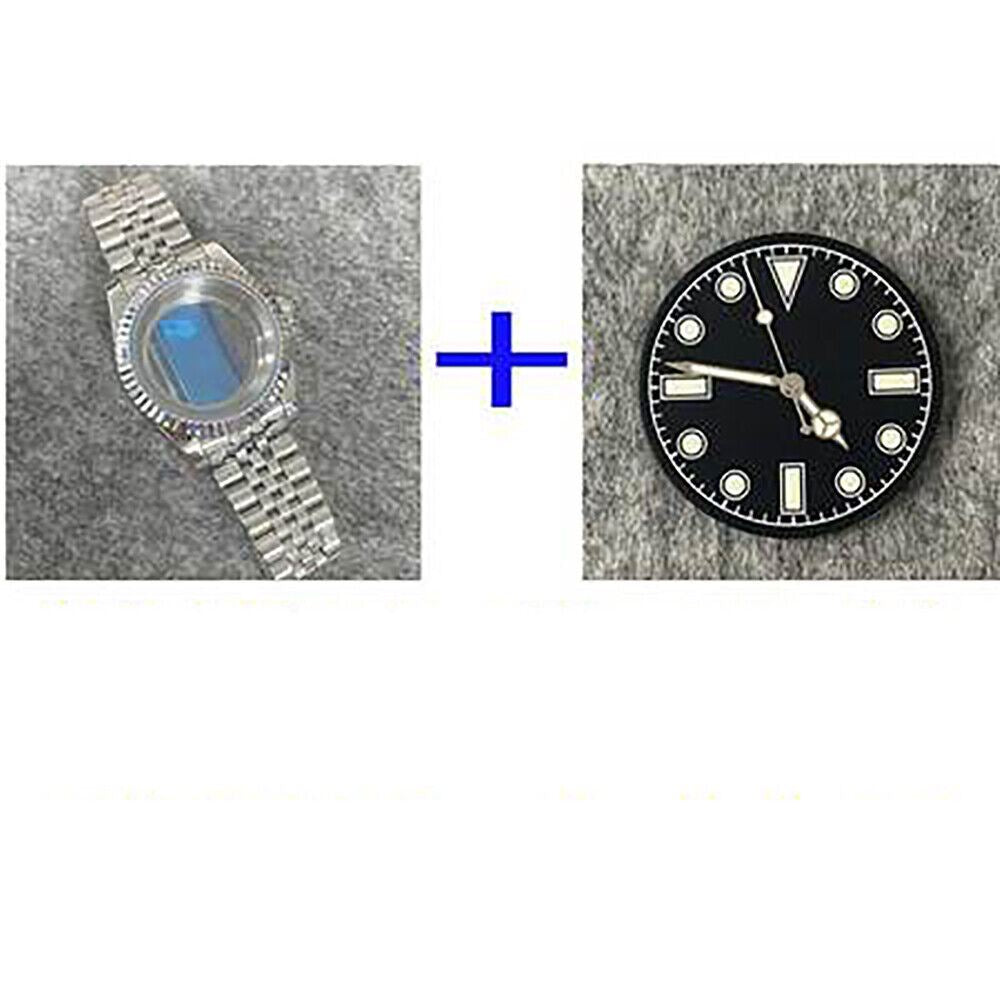 39mm stainless steel watch case with transparent back, band, and dial for NH35/NH36 movement compatibility.