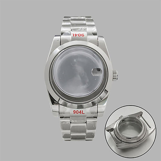 36mm stainless steel watch case and strap with transparent calendar window, compatible with NH35/36 movements.