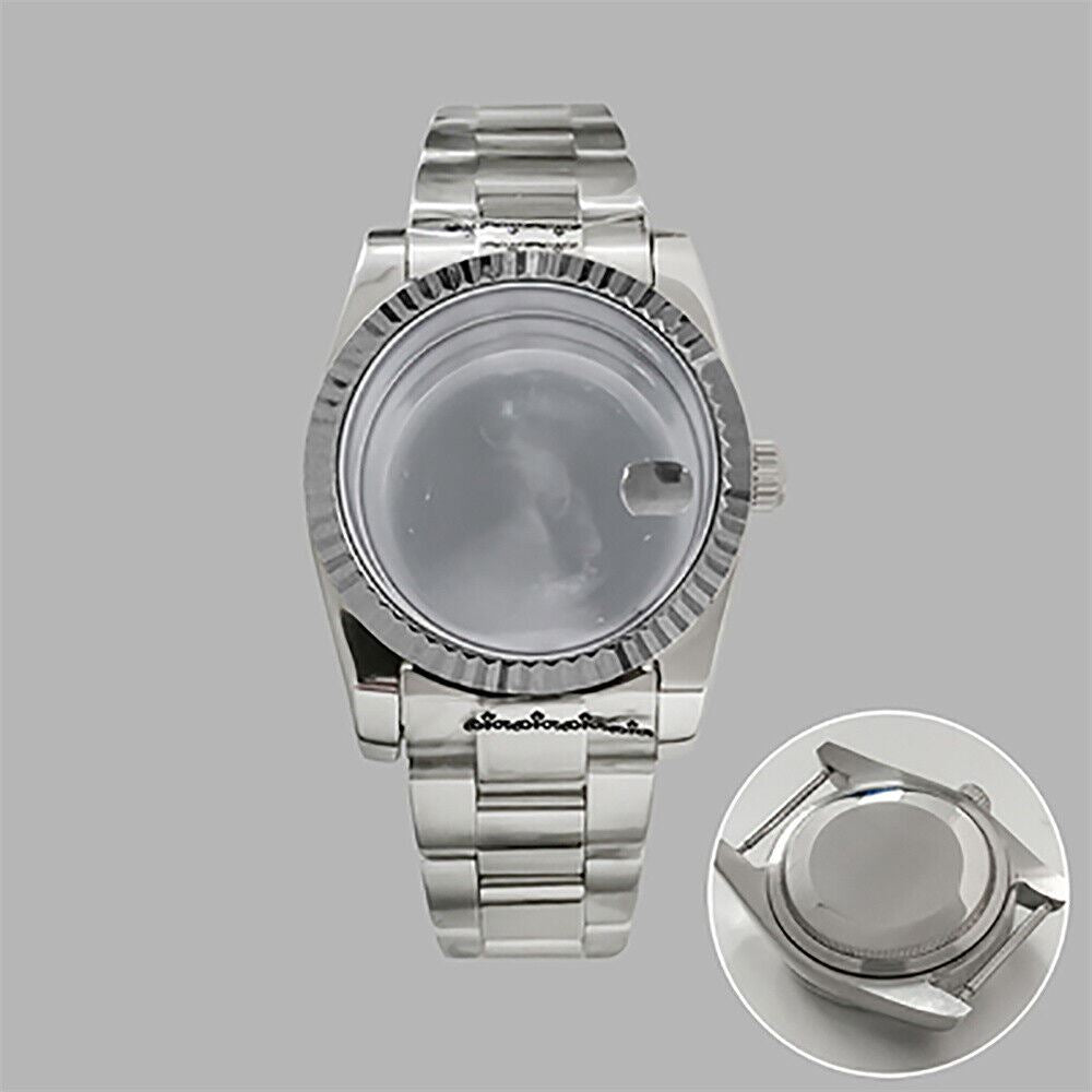 36mm stainless steel watch case and strap with transparent calendar, fits NH35/36 movements, sleek design.