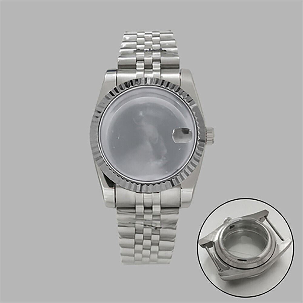 36mm stainless steel watch case and strap, featuring transparent calendar window, fits NH35/36 movements.
