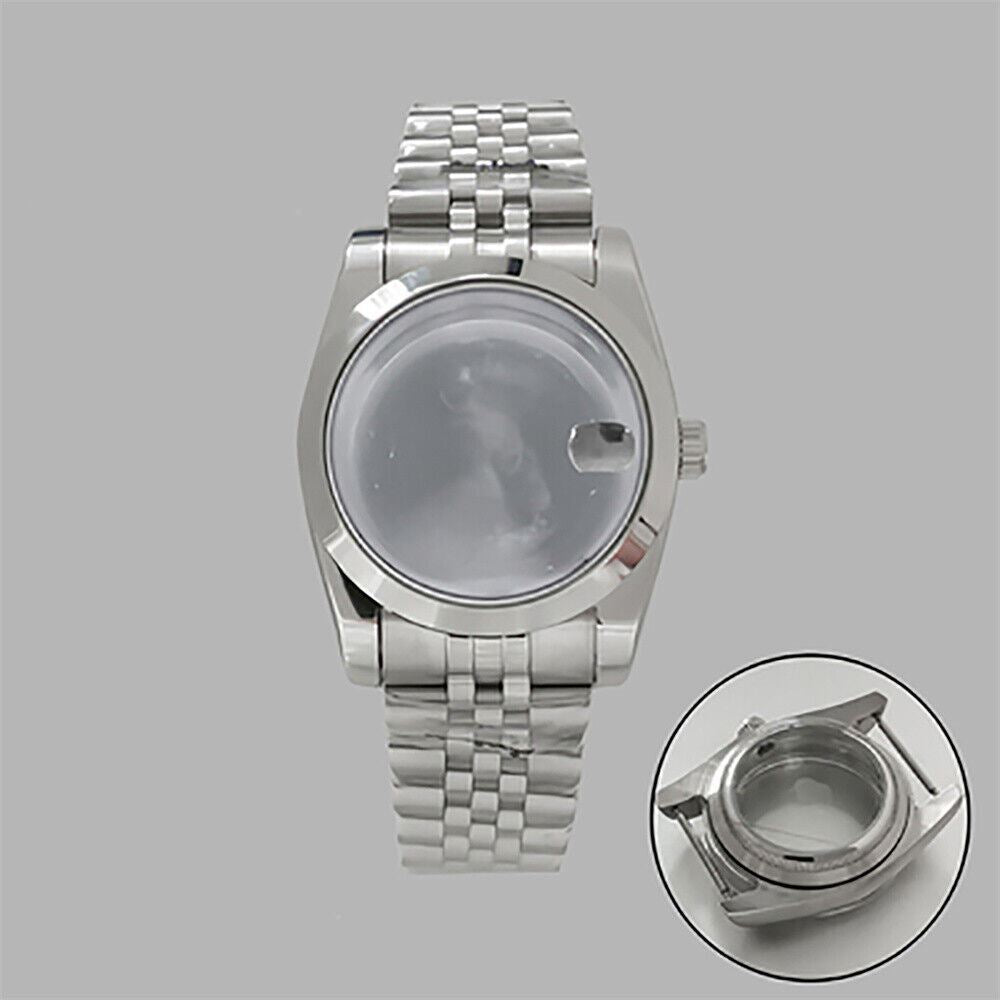 36mm stainless steel watch case and strap with transparent calendar, compatible with NH35/36.