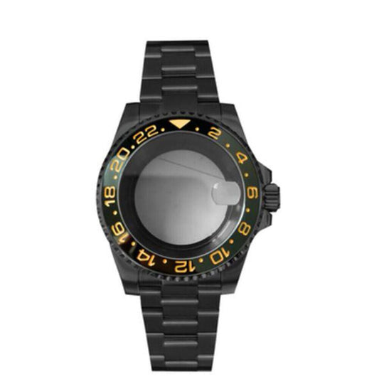 Black PVD SUB watch case with strap, 40mm sapphire glass, 5ATM waterproof, compatible with NH35/NH36 movements.