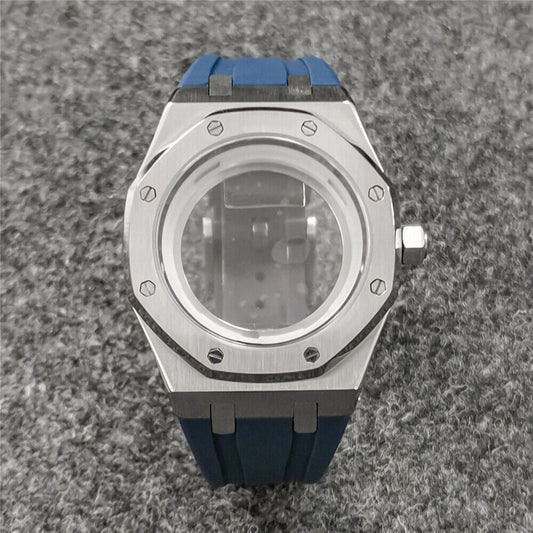 41MM sapphire glass watch case with rubber strap for NH35/NH36, durable design.