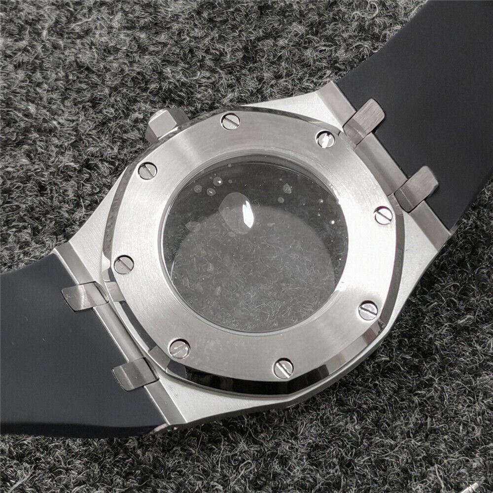 41MM sapphire glass watch case with black rubber strap for NH35/NH36, durable and water-resistant.