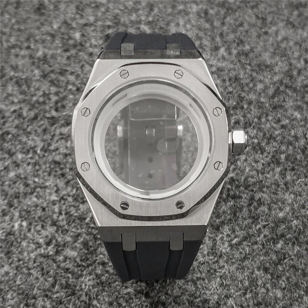 Durable 41MM sapphire glass watch case with black rubber strap, compatible with NH35/NH36 movements, water-resistant.