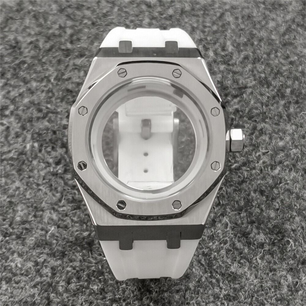 41MM durable sapphire glass watch case with black rubber strap for NH35/NH36, water-resistant design.