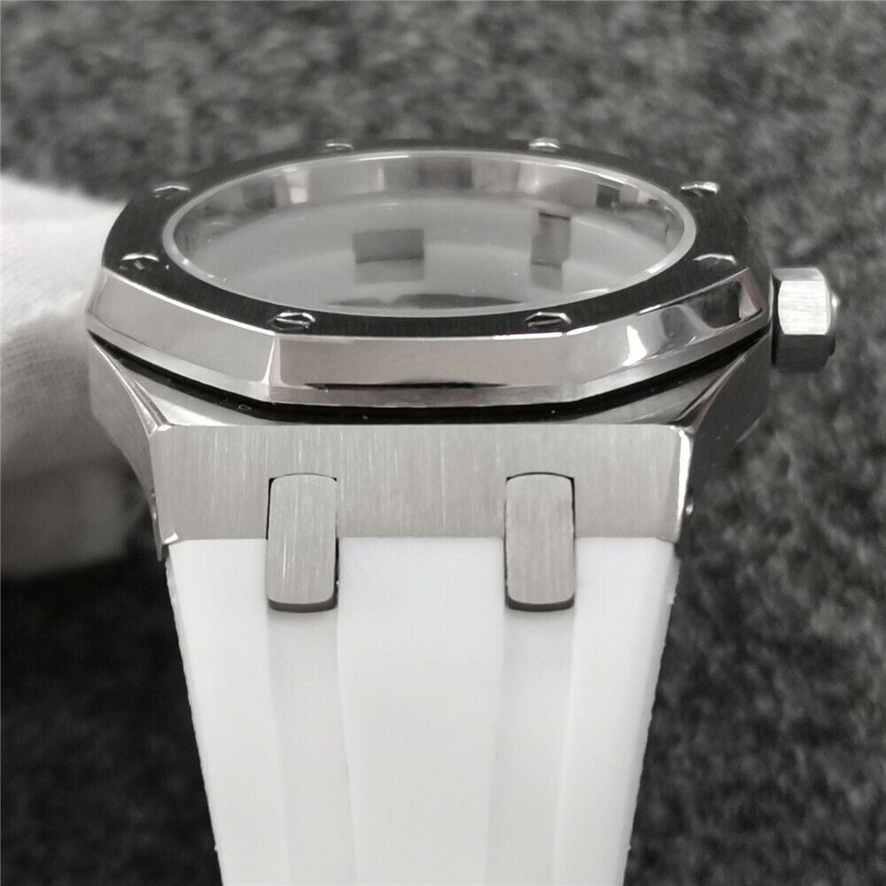 41MM sapphire glass watch case with black rubber strap for NH35/NH36 movements, durable and water-resistant.