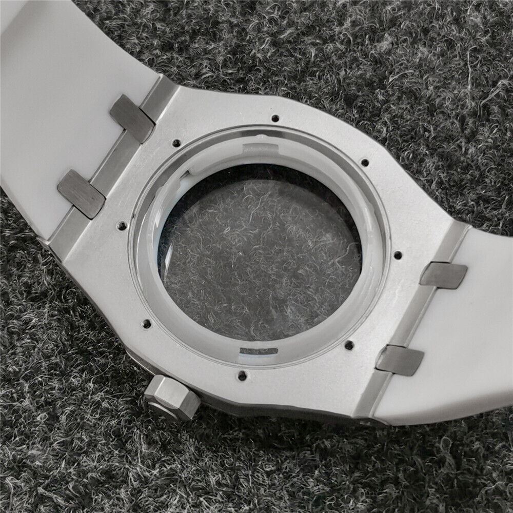 41MM sapphire glass watch case with black rubber strap for NH35/NH36, durable and water-resistant.