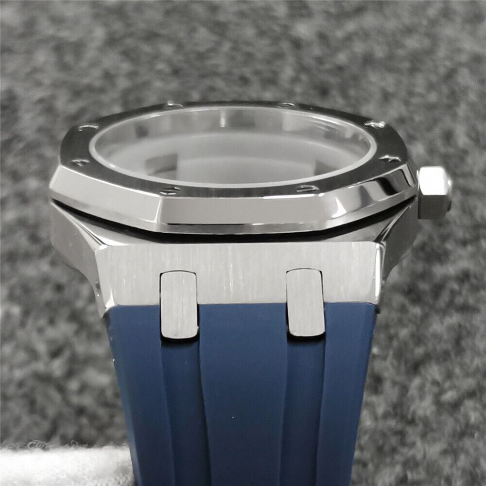 41MM sapphire glass watch case with black rubber strap for NH35/NH36, durable and water-resistant.