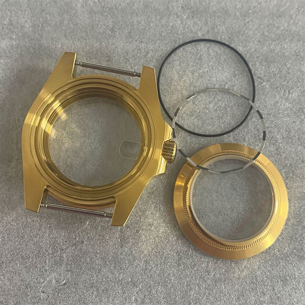 40MM PVD golden SUB watch case with transparent sapphire back for NH35/NH36 movement, sleek design.