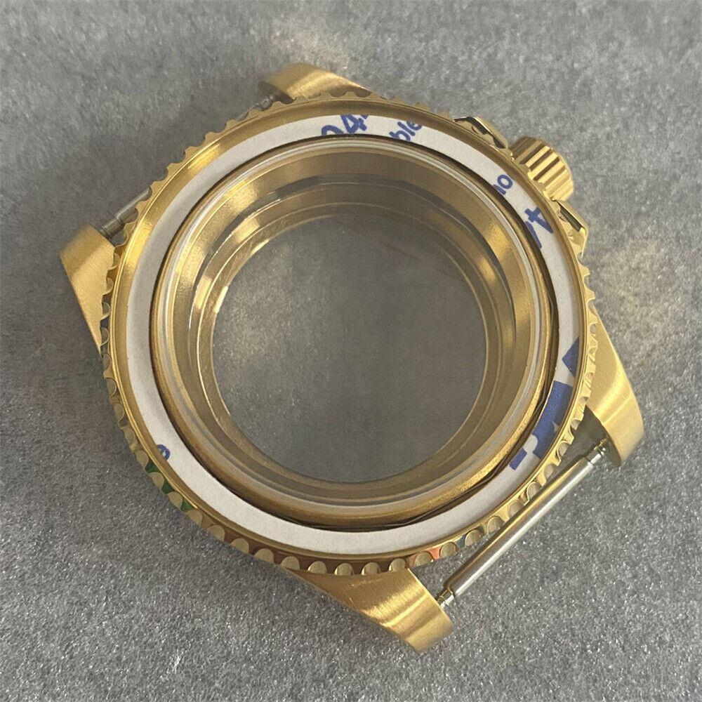 40MM PVD gold SUB watch case, transparent sapphire back showcasing NH35/NH36 movement.