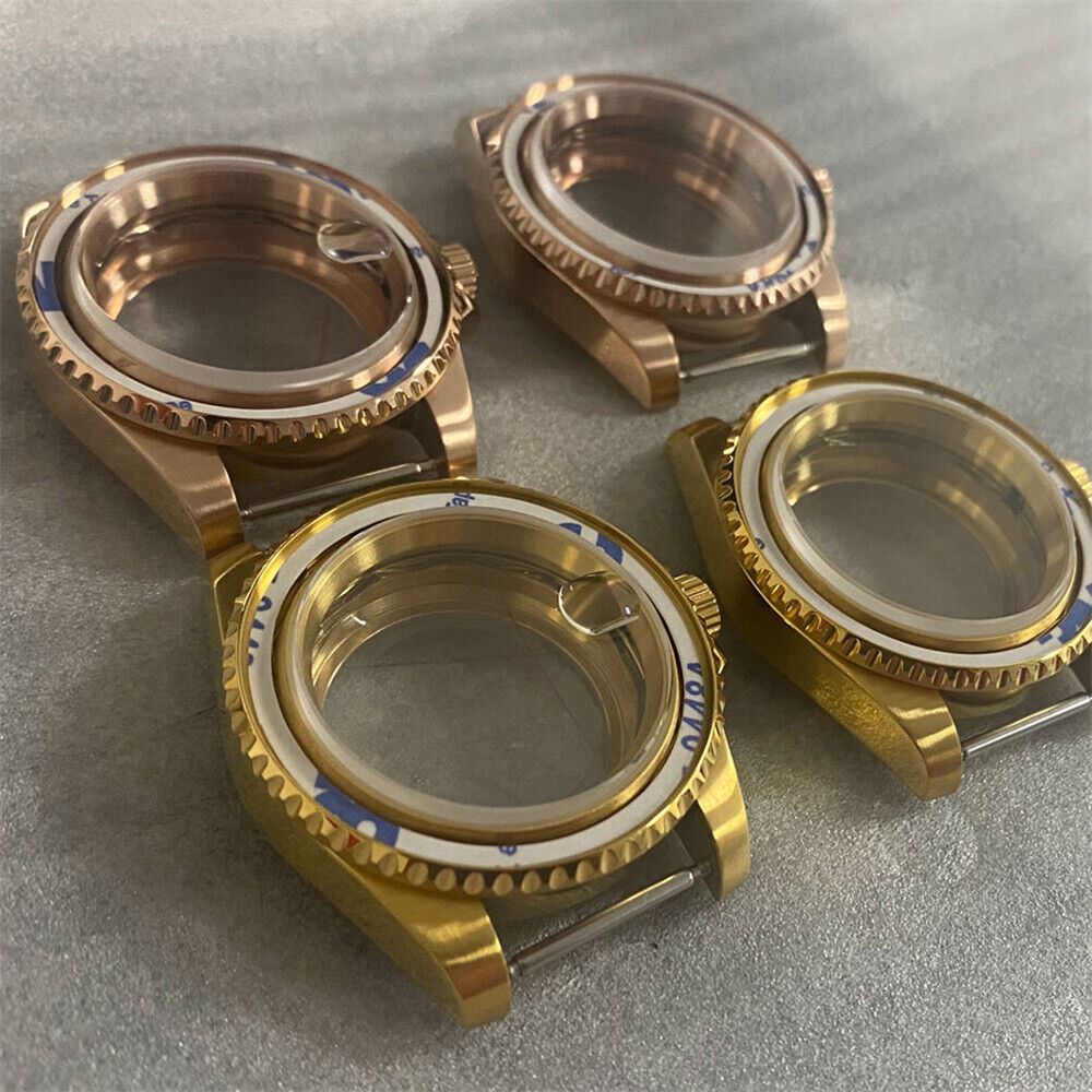40MM PVD gold SUB watch case with transparent sapphire back for NH35/NH36 movement compatibility.