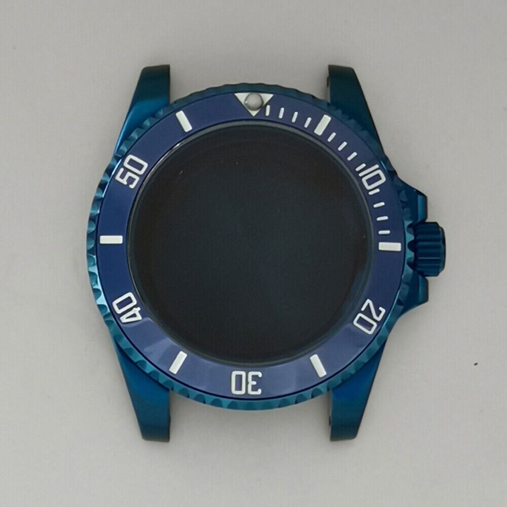 Blue 40MM flat magnifying watch case, designed for NH35/NH36 movement compatibility.