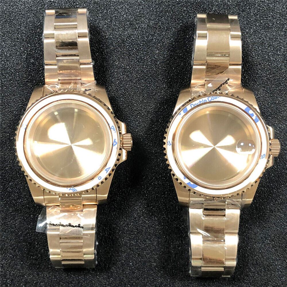 Sleek PVD coated watch case and strap with flat sapphire glass, fits NH35/NH36 movements.