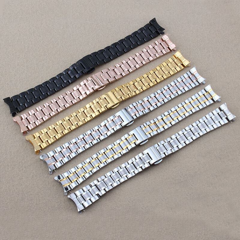 Curved end 12mm steel watch band with butterfly clasp, durable strap for stylish timepieces.