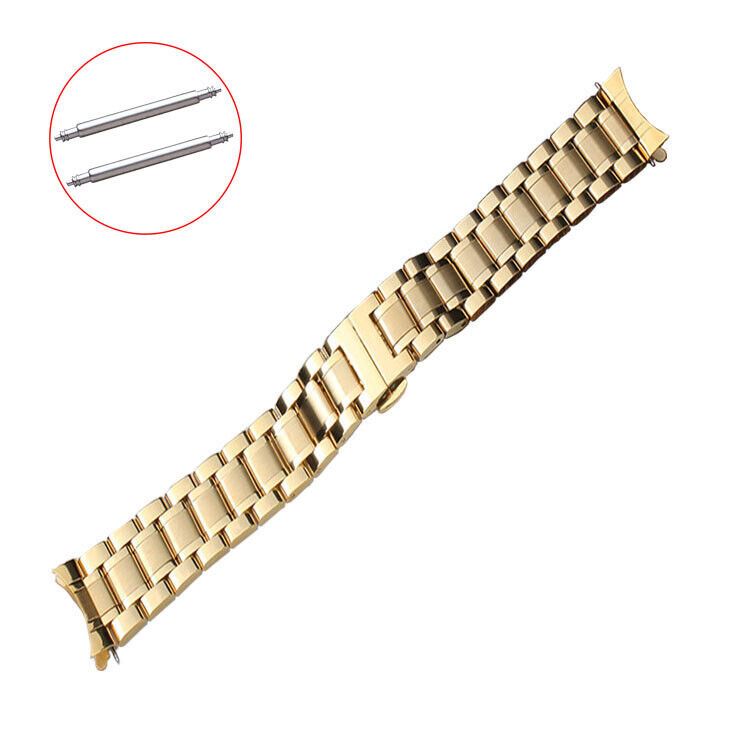 Curved end 12mm steel watch band with butterfly clasp, durable and stylish strap.