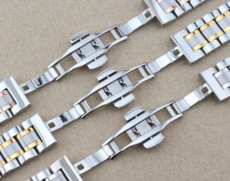 Curved end steel watch band 12mm with butterfly clasp, durable strap for stylish watch accessories.