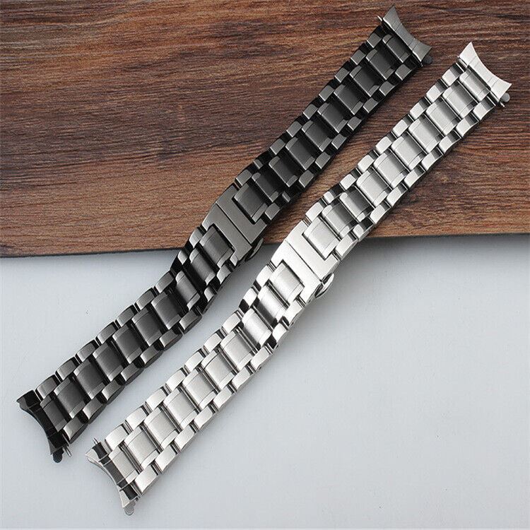 Curved end steel watch band 12mm with butterfly clasp, durable strap for stylish watch accessories.
