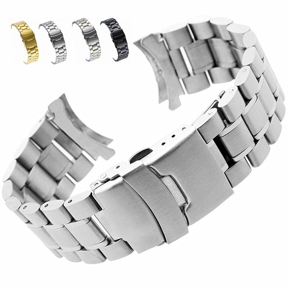 Curved end stainless steel watch band 18-24mm with double lock buckle for secure fit.
