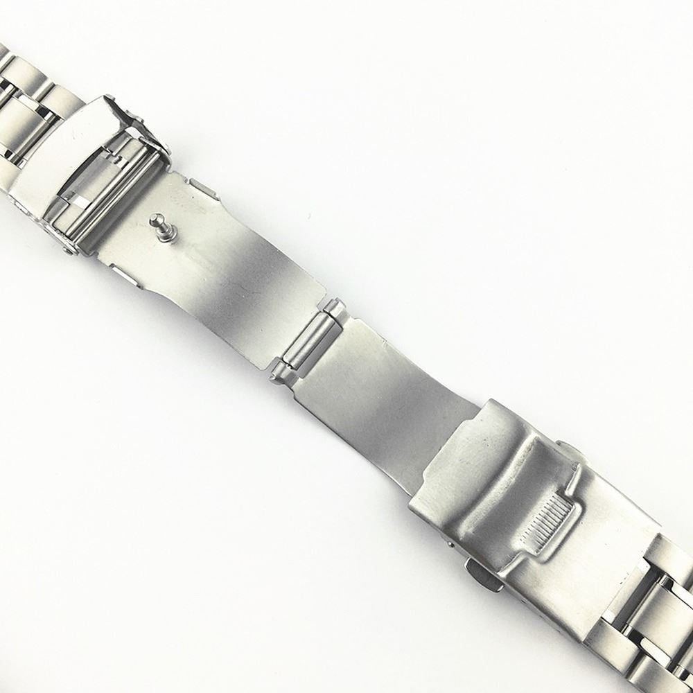 Curved end stainless steel watch band 18-24mm with double lock buckle for secure fit.