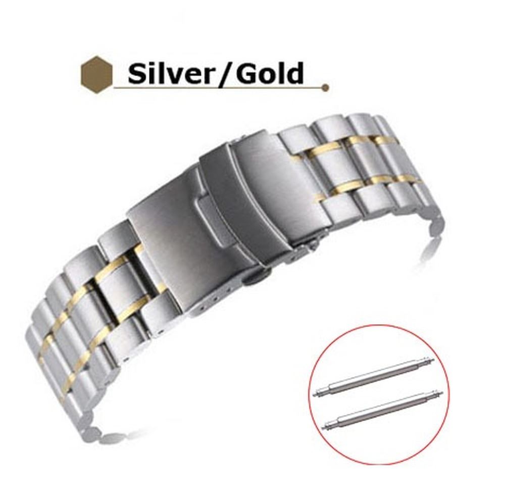 Stainless steel curved end watch band 18-24mm with double lock buckle for secure fit.
