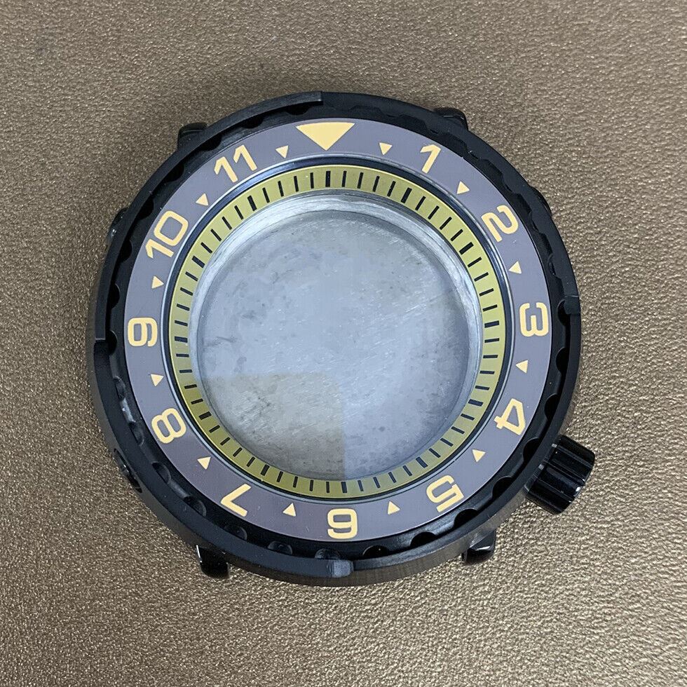 45mm PVD black stainless steel watch case with ceramic ring and mineral glass for NH35 movement, durable and sleek design.