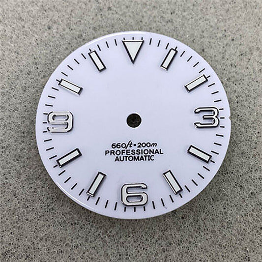 Luminous 28.5mm green watch dial for NH35 movement, detailed 9-3-6 markers, watch parts.