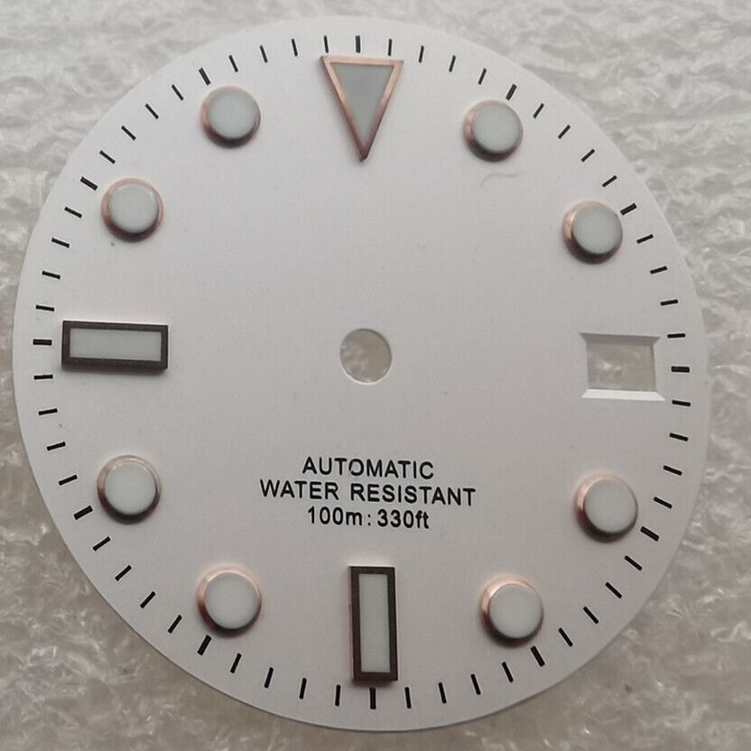 28.50mm white watch dial with green luminous markers, compatible with NH35 NH36 movement for precise timekeeping.
