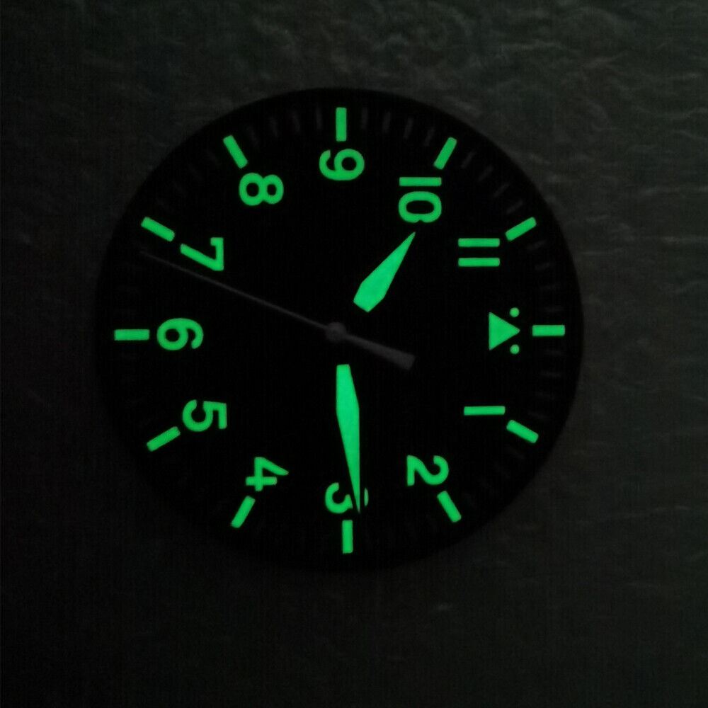 Green luminous 35mm watch dial with hands, fits 8215/8205 movements, ideal for watch repairs.