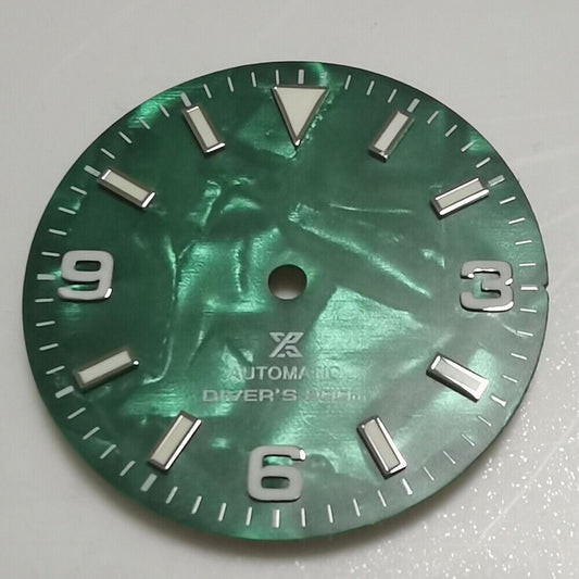 Nature Shell 29mm green luminous watch dial for NH35 movement with detailed markings by Nature Shell.