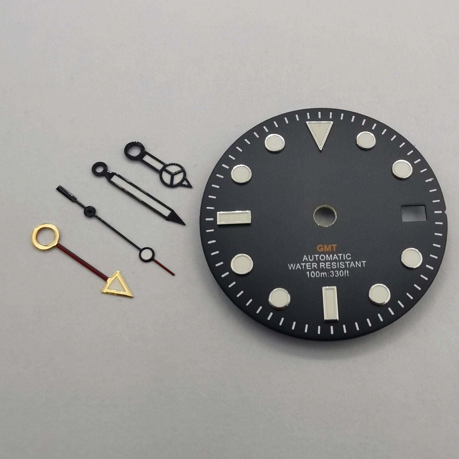 29mm GMT MOD black watch dial with green luminous markers, compatible with NH34 movement, featuring watch hands by GMT.