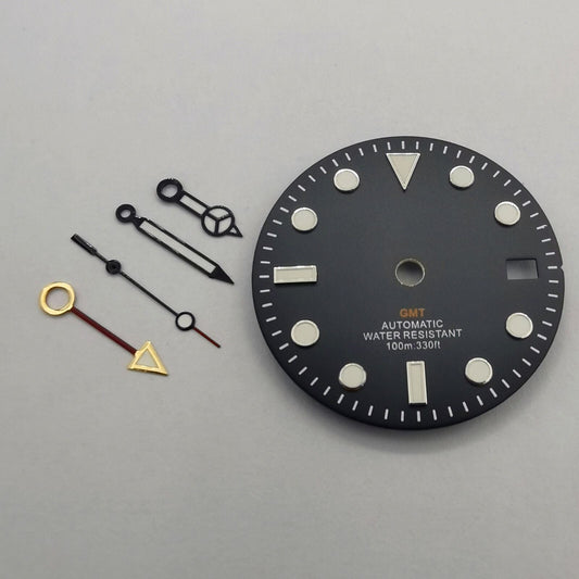 29mm GMT MOD black watch dial with green luminous markers, compatible with NH34 movement, featuring watch hands by GMT.