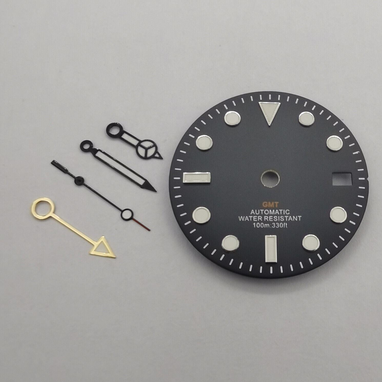 29mm GMT MOD black watch dial with green luminous markers, compatible with NH34 movement, showcasing GMT watch hands.