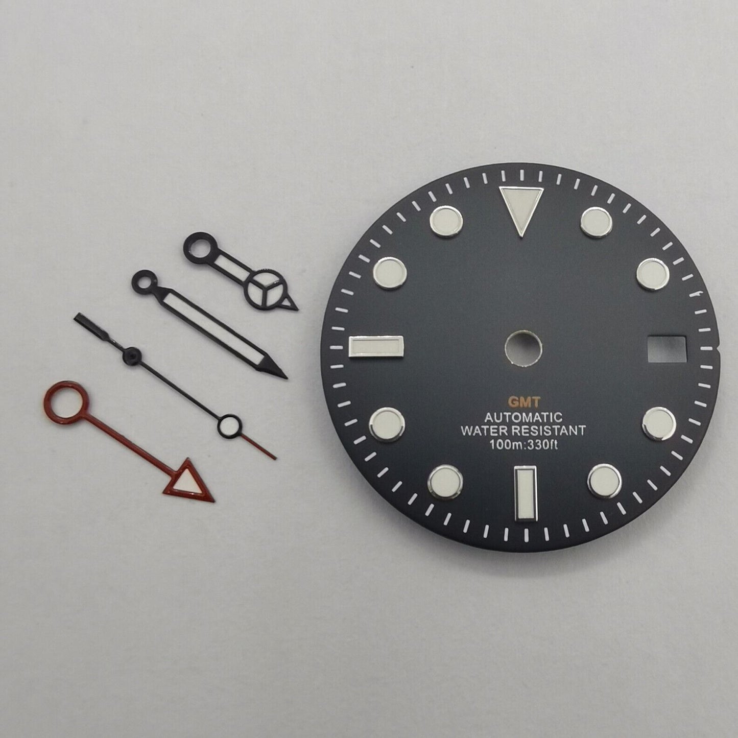 29mm GMT MOD black watch dial with green luminous markers, compatible with NH34 movement, by GMT brand.