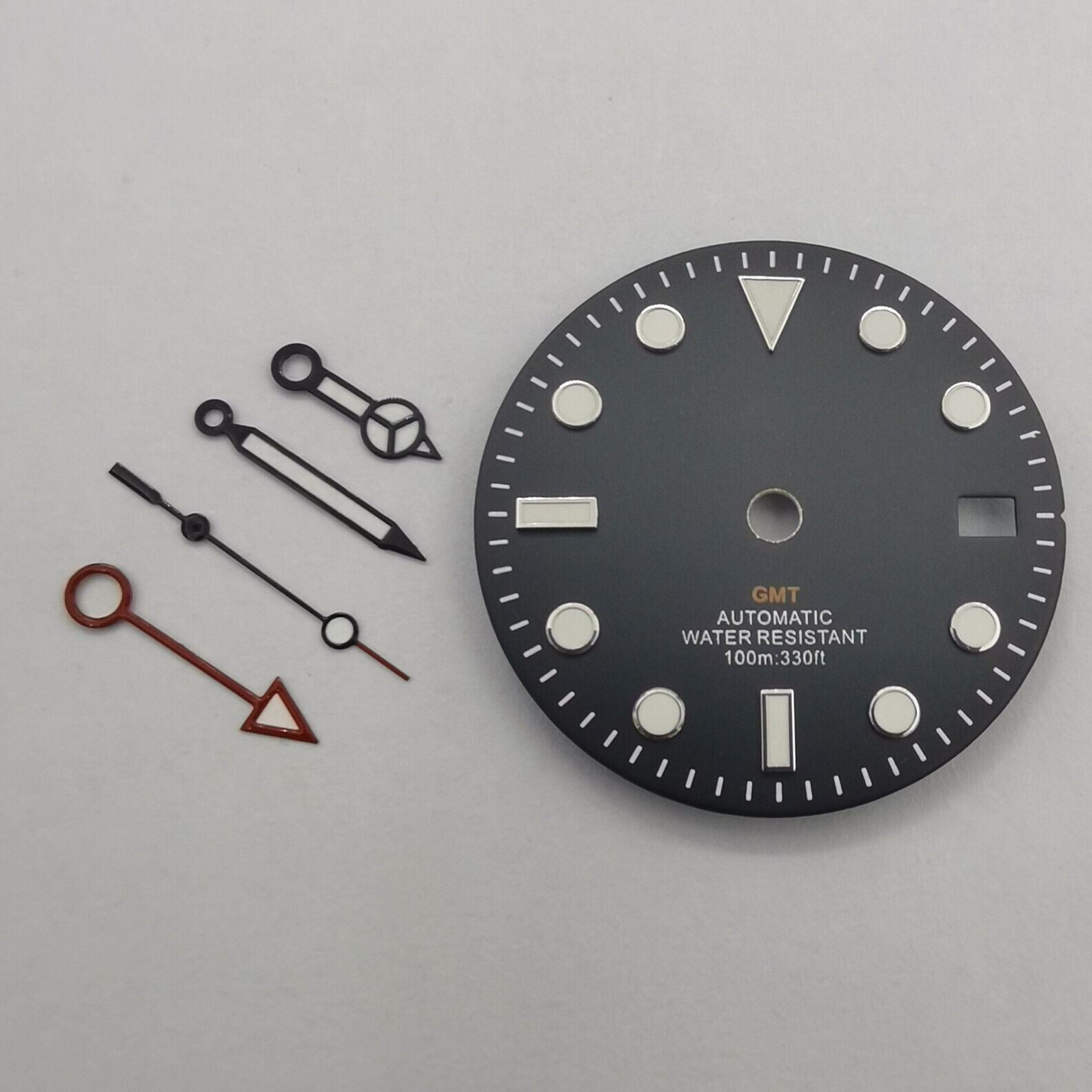 29mm GMT MOD black watch dial with green luminous markers, compatible with NH34 movement, by GMT brand.