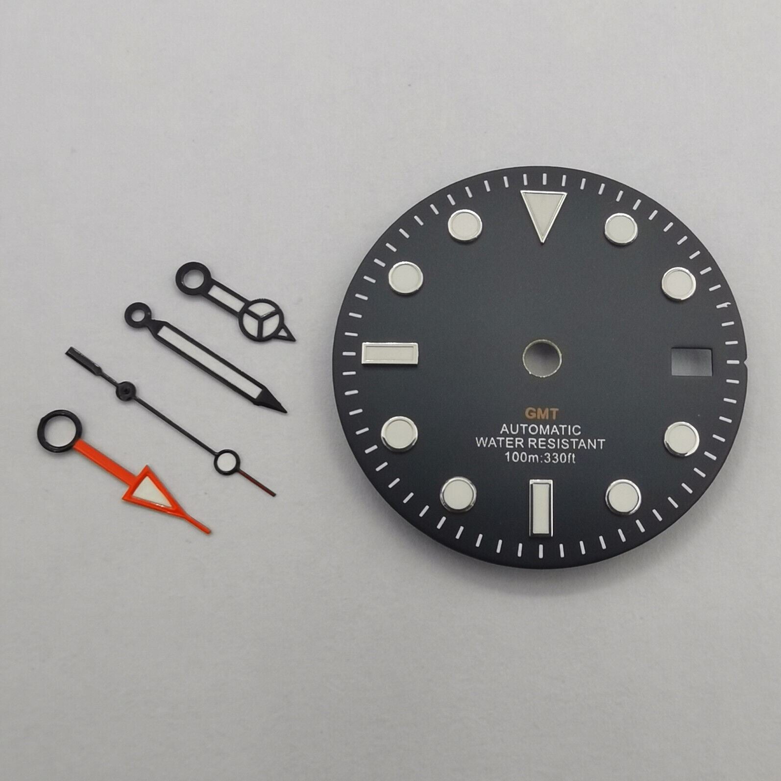 29mm GMT MOD black watch dial with green luminous markers and hands, compatible with NH34 movement by GMT.