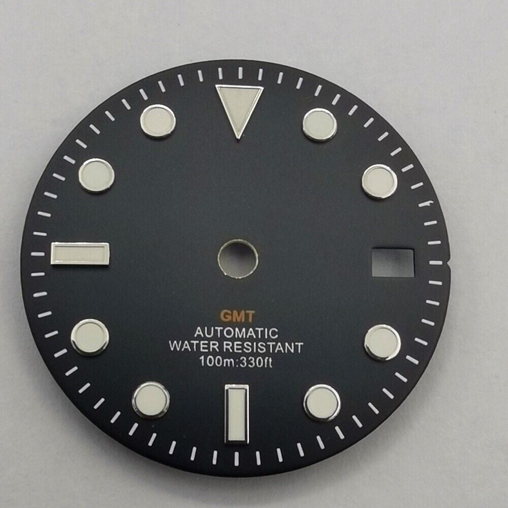 29mm GMT MOD black watch dial with green luminous markers, compatible with NH34 movement, featuring watch hands by GMT.