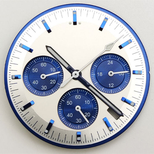 Blue 32.5mm watch dial with hands, compatible with VK63 movement, enhancing watch repair.
