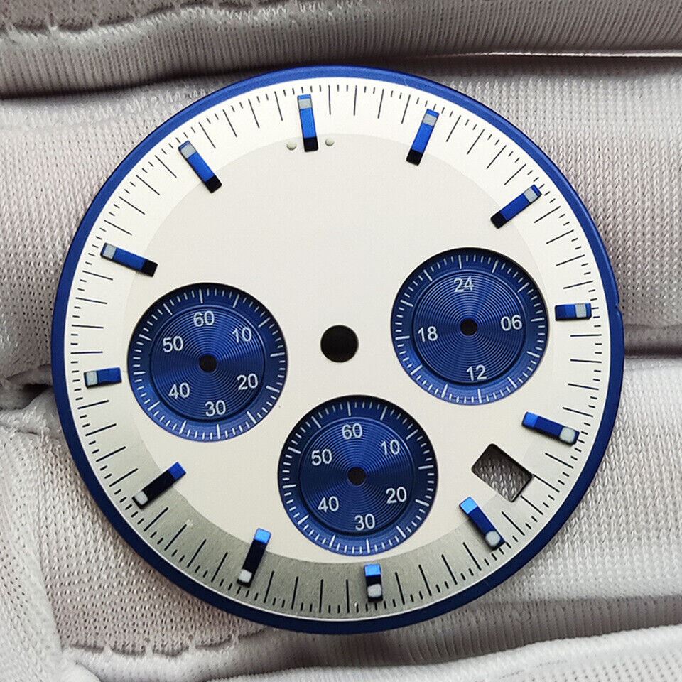 Blue 32.5mm watch dial with hands, designed for VK63 movement, perfect for watch repairs.