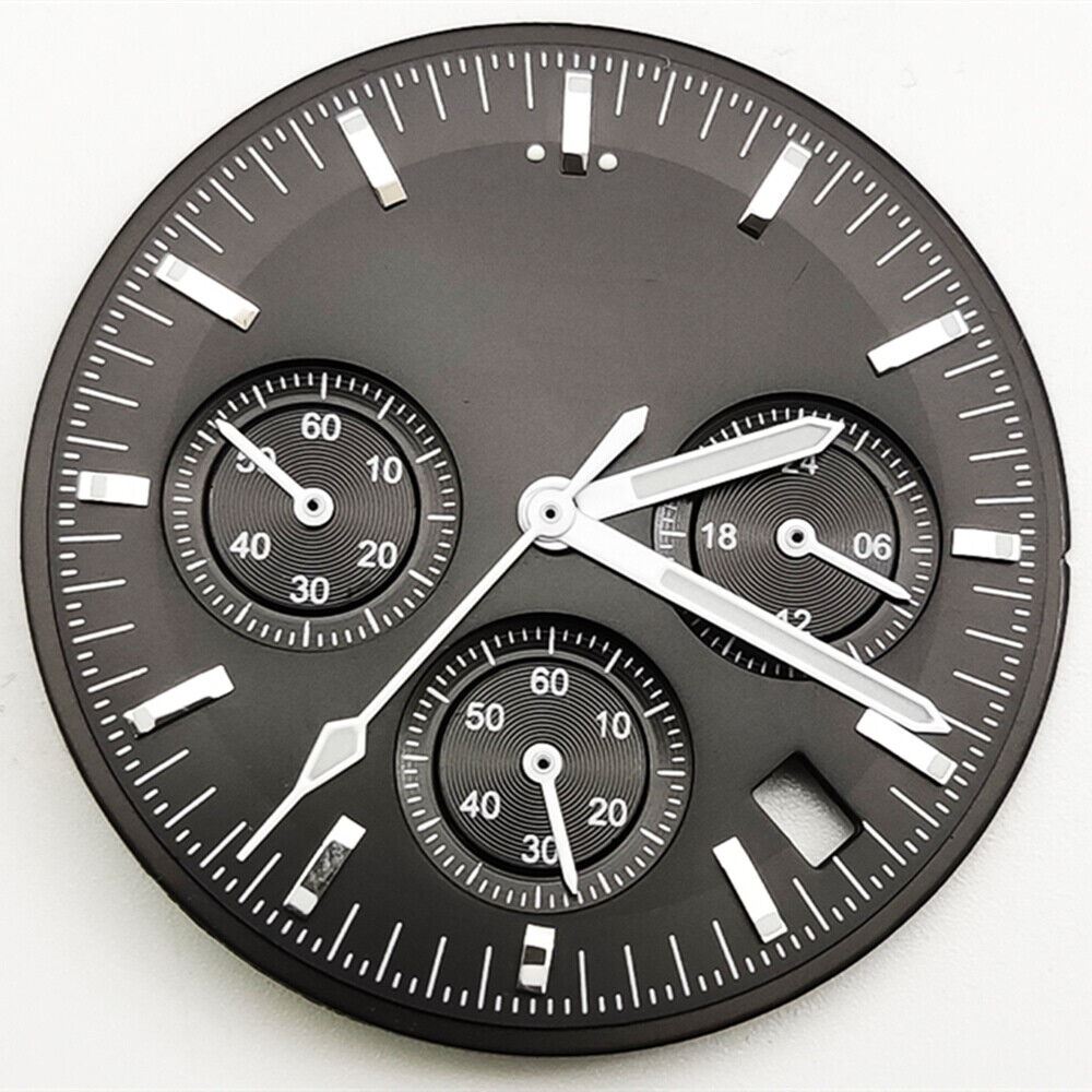 Black 32.5mm watch dial with hands, compatible with VK63 movement, ideal for watch repair and customization.