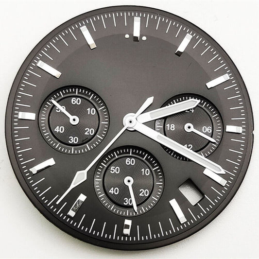 Black 32.5mm watch dial with hands, compatible with VK63 movement, ideal for watch repair and customization.