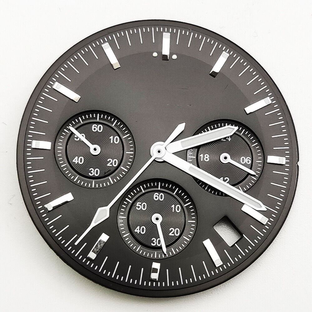 Black 32.5mm watch dial with hands, compatible with VK63 movement, ideal for watch repair and customization.