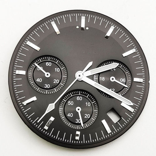 Black 32.5mm watch dial with hands, compatible with VK63 movement, ideal for watch repair and customization.