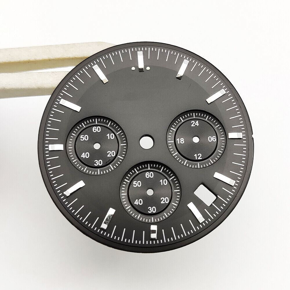 Black 32.5mm watch dial with hands, fits VK63 movement, perfect for custom watch repair.