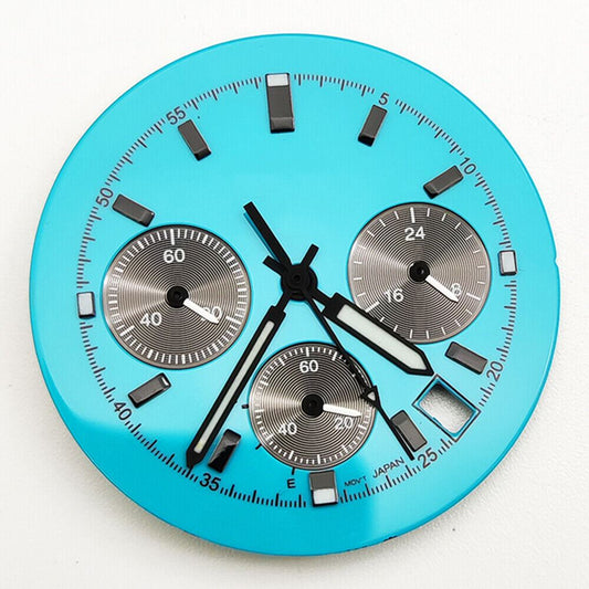 39mm blue and white watch dial compatible with VK63 movement, featuring sleek watch hands for precise timekeeping.