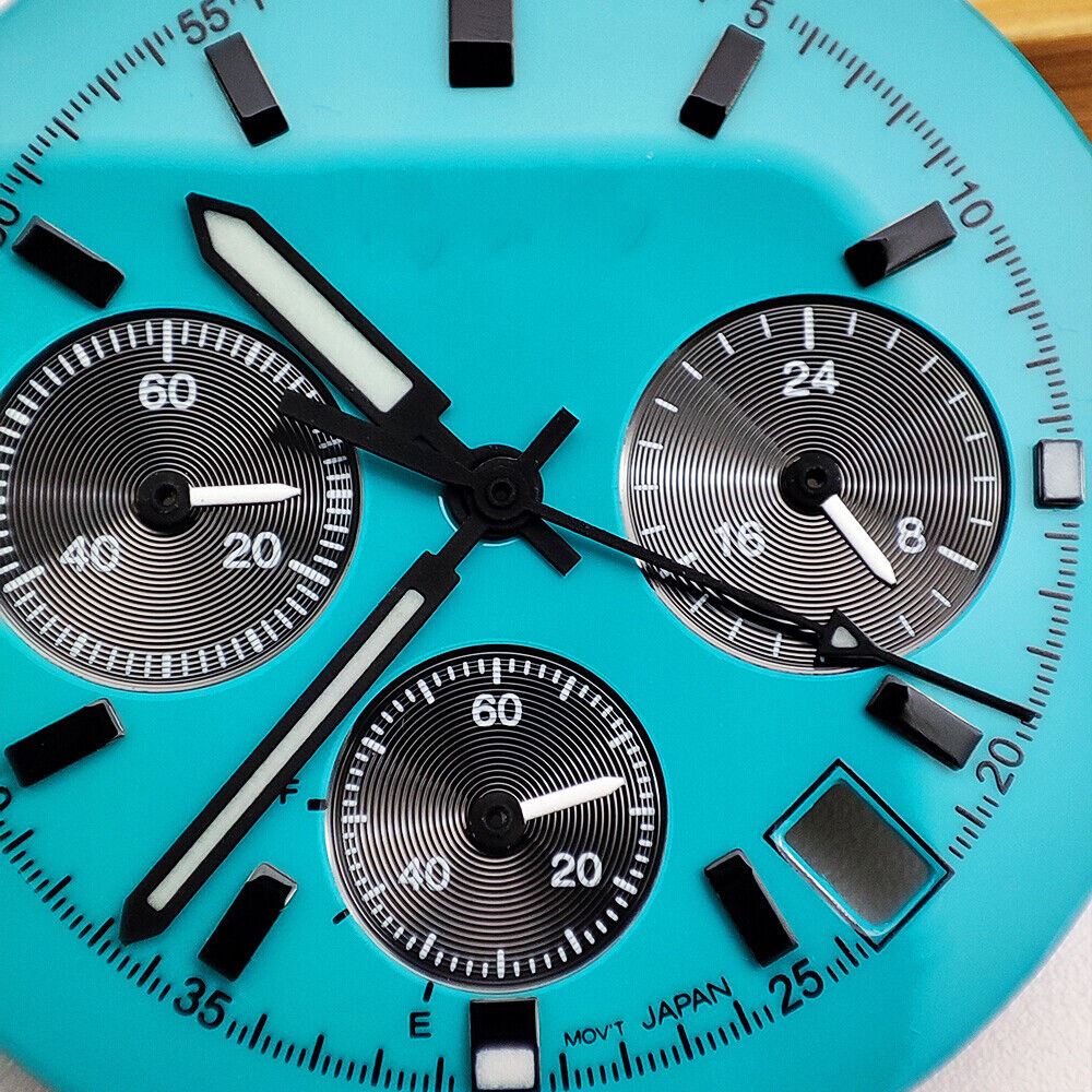 39mm blue and white watch dial, compatible with VK63 movement, showcasing sleek hands for accuracy.