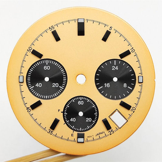39mm yellow watch dial for VK63 movement with luminous hands, perfect for stylish timepieces.
