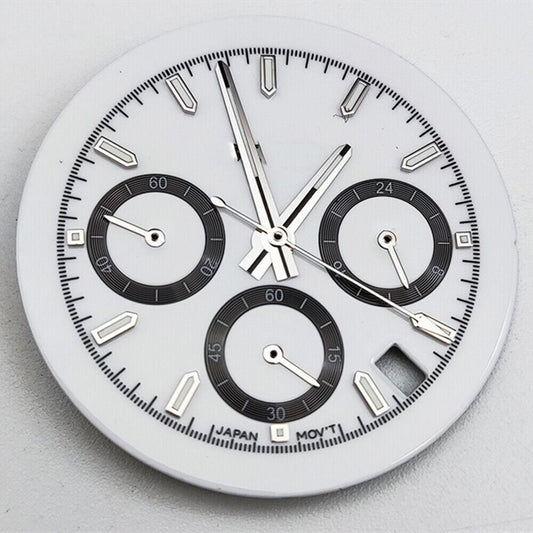 39mm white watch dial with black markers, compatible with VK63 movement, includes watch hands, Brand B#6.