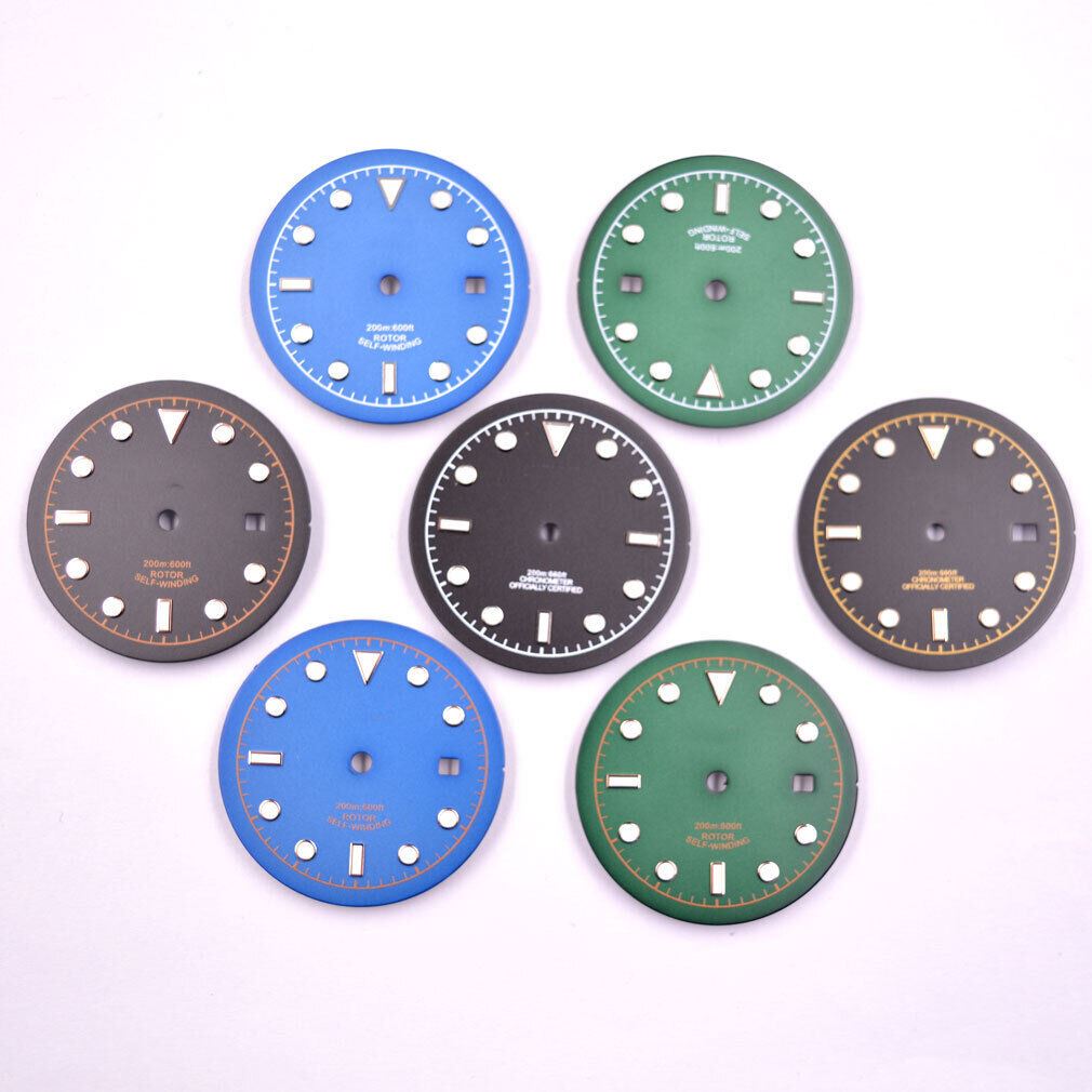 Green luminous 33.50mm watch dial for ETA2836 MYT 8215 8205 DG2813 movements, glow-in-the-dark accessory.